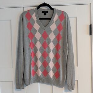 Express Gray and Pink Argyle V-Neck Sweater